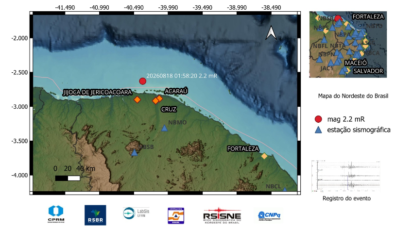 A bola vermelha no mapa indica a localização do epicentro e a magnitude preliminar do evento.