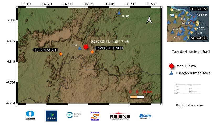 A estrela vermelha indica a localização do epicentro e a magnitude preliminar do evento.
